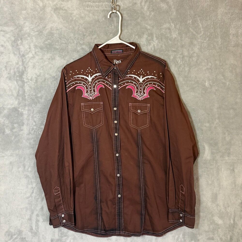 Rock 47 Wrangler Women 2XL Brown Western Shirt Snap Embroidery Rhinestone READ
